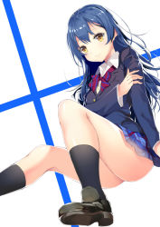 Rule 34 | 10s, 1girl, bad id, bad pixiv id, black footwear, black socks, blazer, blue hair, bow, bowtie, holding own arm, invisible chair, jacket, kneehighs, long hair, long sleeves, love live!, love live! school idol project, miniskirt, shoes, sitting, skirt, smile, socks, solo, sonoda umi, striped bow, striped bowtie, striped clothes, striped neckwear, thighs, yappen, yatsu (sasuraino), yellow eyes