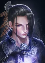 Rule 34 | 1boy, black background, black gloves, black hair, copyright request, feather hair ornament, feathers, gloves, feather hair ornament, hair over one eye, hand up, highres, long hair, looking at viewer, male focus, medium hair, smoke, solo, yiqing (yohare)