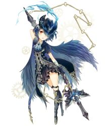 Rule 34 | 1girl, alice (sinoalice), bad id, bad twitter id, blue hair, blush, boots, cape, chain, chibi, feathered cape, feathers, gears, gloves, hair over one eye, hat, knee boots, legband, looking at viewer, moo alice moo, open mouth, polearm, puffy short sleeves, puffy sleeves, red eyes, short hair, short sleeves, sinoalice, solo, tattoo, weapon, white background
