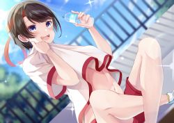 Rule 34 | 1girl, absurdres, blue eyes, blush, bottle, brown hair, commentary request, crossed legs, highres, hololive, oozora subaru, open mouth, outdoors, shagaihi, short hair, sitting, smile, solo, sportswear, stomach, stomach day, swept bangs, virtual youtuber, water bottle