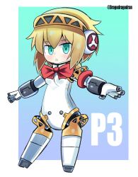 Rule 34 | 1girl, aegis (persona), artist name, blonde hair, blue background, border, bow, bowtie, chibi, copyright name, dragodragodran, full body, gradient background, green background, green hair, headset, highres, joints, looking at viewer, open mouth, outside border, persona, persona 3, persona 3 reload, red bow, red bowtie, robot girl, robot joints, short hair, solo, white border
