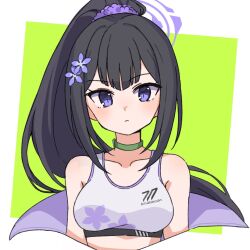 Rule 34 | 1girl, aki inu, black hair, blue archive, border, breasts, choker, closed mouth, collarbone, flower, green background, green choker, hair flower, hair ornament, hair scrunchie, highres, jacket, jacket partially removed, light blush, long hair, looking at viewer, medium breasts, off shoulder, ponytail, purple eyes, purple scrunchie, scrunchie, simple background, solo, sports bra, sumire (blue archive), white border