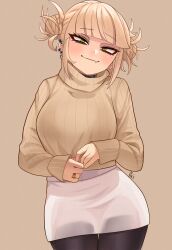 Rule 34 | 1girl, absurdres, alternate costume, bags under eyes, black pantyhose, blonde hair, blush, boku no hero academia, breasts, brown sweater, casual, choker, closed mouth, double bun, ear piercing, fang, hair bun, highres, jewelry, large breasts, long sleeves, looking at viewer, messy hair, mole, mole under eye, pantyhose, piercing, ring, simple background, skirt, slit pupils, smile, solo, sweater, thighs, toga himiko, unusualpie, white skirt, yellow eyes