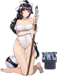 Rule 34 | 1girl, alternate costume, azur lane, ball, bare arms, bare legs, bare shoulders, barefoot, black hair, bow, breasts, choker, cleavage, closed mouth, eyebrows, eyelashes, facing viewer, feet, flower, frown, full body, gluteal fold, hair bow, hair flower, hair ornament, halterneck, high ponytail, highleg, highleg swimsuit, kishiyo, kneeling, knees together feet apart, large breasts, legs, long hair, looking away, looking to the side, machinery, navel, official art, one-piece swimsuit, orange eyes, solo, swimsuit, sword, takao (azur lane), toes, transparent background, tsurime, turret, underboob, very long hair, weapon, white bow, white choker, white one-piece swimsuit, wooden sword