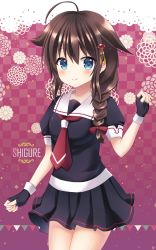 Rule 34 | 10s, 1girl, ahoge, arm at side, bad id, bad pixiv id, black gloves, black serafuku, black skirt, blue eyes, blush, bow, braid, breasts, brown hair, character name, checkered background, commentary request, cowboy shot, fingerless gloves, gloves, hair bow, hair flaps, hair ornament, hair over shoulder, hairpin, highres, kantai collection, long hair, looking at viewer, low-tied long hair, mayo (miyusa), medium breasts, miniskirt, neckerchief, pleated skirt, red bow, red neckerchief, school uniform, serafuku, shigure (kancolle), shigure kai ni (kancolle), short sleeves, single braid, skirt, sleeve cuffs, solo, standing, tareme