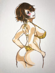 Rule 34 | 1girl, absurdres, animal print, ass, back, bikini, blush stickers, breasts, brown eyes, brown hair, commentary, cowboy shot, cropped legs, from behind, girls und panzer, halterneck, hands on own hips, highres, looking at viewer, looking back, medium breasts, nabeyu, nakajima (girls und panzer), open mouth, orange bikini, print bikini, sketch, smile, solo, standing, swimsuit, thong bikini, tiger print, traditional media