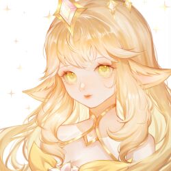 Rule 34 | 1girl, animal ears, bare shoulders, blonde hair, closed mouth, commentary, gem, hair ornament, highres, league of legends, long hair, official alternate costume, pointy ears, portrait, saikayo, simple background, smile, solo, sparkle, star guardian soraka prestige edition, white background, yellow eyes