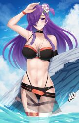 Rule 34 | 1girl, bare shoulders, bikini, black bikini, black choker, breasts, choker, cleavage, doiparuni, fire emblem, fire emblem: three houses, fire emblem heroes, fire emblem warriors: three hopes, flower, hair flower, hair ornament, highres, holding, holding surfboard, large breasts, long hair, looking at viewer, navel, nintendo, official alternate costume, purple eyes, purple hair, shez (female) (fire emblem), shez (female) (summer) (fire emblem), shez (fire emblem), solo, stomach, surfboard, swimsuit, toned, white flower