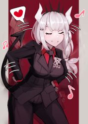 Rule 34 | 1girl, black jacket, black pants, black tail, blush, breasts, business suit, collared shirt, dancing, demon girl, demon horns, demon tail, closed eyes, formal, gloves, hair ornament, heart, helltaker, highres, horns, jacket, katagiri ags, large breasts, long hair, long sleeves, low-tied long hair, lucifer (helltaker), mole, mole under eye, musical note, pants, red background, red eyes, red shirt, shirt, simple background, smile, solo, speech bubble, suit, tail, white gloves, white hair, white horns