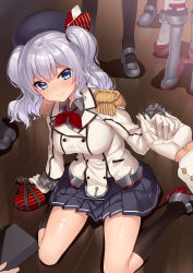 Rule 34 | 10s, 6+girls, admiral (kancolle), beret, blue eyes, blush, box, buttons, commentary request, epaulettes, frilled sleeves, frills, from above, gift, gift box, gloves, holding hands, hat, kantai collection, kashima (kancolle), kerchief, long hair, looking at viewer, military, military uniform, miniskirt, multiple girls, pleated skirt, red ribbon, ribbon, sidelocks, silver hair, sitting, skirt, smile, solo focus, tsurime, twintails, uniform, valentine, wariza, wavy hair, white gloves, yaguo