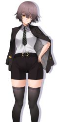 Rule 34 | 1girl, absurdres, black jacket, black nails, black shorts, black thighhighs, closed mouth, collared shirt, feet out of frame, girls&#039; frontline, girls&#039; frontline 2: exilium, grey hair, hair between eyes, highres, jacket, jacket on shoulders, looking at viewer, nail polish, necktie, shirt, shirt tucked in, short hair, short sleeves, shorts, simple background, smile, solo, thighhighs, ump45 (girls&#039; frontline), white background, white shirt, yellow eyes, z.taiga