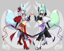 Rule 34 | 2girls, animal ears, bad id, bad pixiv id, black legwear, blue eyes, blue hair, blush, breasts, cleavage, closed mouth, fox ears, fox shadow puppet, fox tail, green eyes, green hair, high heels, highres, holding, holding sword, holding weapon, large breasts, long hair, looking at viewer, multiple girls, navel, original, parted lips, sakura chiyo (konachi000), smile, sword, tail, thighhighs, weapon