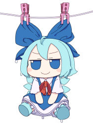 Rule 34 | absurdres, aqua hair, blue bow, blue dress, blue eyes, blush stickers, bow, cirno, closed mouth, clothes pin, clothesline, commentary request, dress, full body, fumo (doll), hair bow, highres, ice, ice wings, jitome, kame (kamepan44231), looking at viewer, no humans, short hair, simple background, smile, touhou, wet, white background, wings