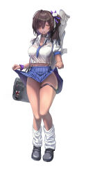 Rule 34 | 1girl, absurdres, bag, black choker, black footwear, black nails, blue necktie, breasts, brown eyes, brown hair, choker, clothes lift, collared shirt, cropped shirt, dark-skinned female, dark skin, eyes visible through hair, full body, goddess of victory: nikke, gyaru, hair over one eye, hair tie in mouth, hairband, highres, jindogod, kogal, large breasts, lifting own clothes, long hair, looking at viewer, loose necktie, loose socks, midriff, mole, mole under mouth, mouth hold, naga (nikke), navel, necktie, partially unbuttoned, school bag, school uniform, scrunchie, shirt, short sleeves, side ponytail, simple background, skirt, skirt lift, socks, solo, thigh strap, weapon, weapon on back, white background, white shirt, white socks, wrist scrunchie, yellow eyes