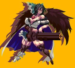 Rule 34 | 1girl, bare shoulders, bird wings, black hair, black thighhighs, black wings, bow, breasts, cape, covered erect nipples, full body, gatling gun, green bow, gun, hair bow, high heels, holding, holding gun, holding weapon, large breasts, long hair, looking at viewer, mmmmatimmmmati, muscular, muscular male, open mouth, orange background, pixel art, red eyes, reiuji utsuho, shoes, simple background, single shoe, solo, thighhighs, third eye, touhou, weapon, white cape, white footwear, wings