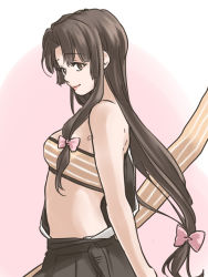 Rule 34 | 10s, 1girl, bad id, bad pixiv id, bandeau, bow, bow (weapon), breasts, brown eyes, brown hair, collarbone, gradient background, hair bow, hair ribbon, hiragi holly, kantai collection, light smile, long hair, looking to the side, low twintails, off shoulder, pink background, pleated skirt, ribbon, shouhou (kancolle), skirt, small breasts, smile, solo, twintails, upper body, weapon, white background