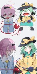 Rule 34 | + +, 2girls, ?, black hairband, black headwear, blouse, blue shirt, blush, boots, bow, breasts, buttons, chibi, closed mouth, collared shirt, crystal, frills, full body, green eyes, green hair, green skirt, grey footwear, hair between eyes, hairband, hands on own face, hands up, hat, hat bow, heart, heart of string, highres, jewelry, komeiji koishi, komeiji satori, long sleeves, looking at another, looking away, looking to the side, medium breasts, multiple girls, open mouth, pink hair, pink skirt, shirt, short hair, siblings, simple background, sisters, skirt, smile, standing, star (symbol), sweat, sweatdrop, teeth, third eye, tongue, touhou, tsune (tune), white background, wide sleeves, yellow bow, yellow shirt