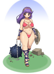 Rule 34 | 1girl, ankle lace-up, athena (series), ball and chain (weapon), belly, bikini, breasts, cleavage, cross-laced footwear, curvy, flail, gladiator sandals, hip focus, large breasts, long hair, navel, pink eyes, plump, princess athena, purple hair, red bikini, sandals, shield, solo, swimsuit, thick thighs, thighs, uno makoto, warrior, weapon, wide hips