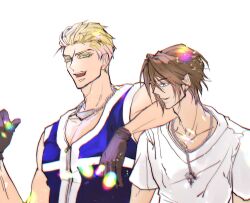 Rule 34 | 2boys, aqua eyes, bare shoulders, blonde hair, blue eyes, blue vest, brown gloves, brown hair, chain, chain necklace, collarbone, earrings, eni (yoyogieni), final fantasy, final fantasy viii, gloves, hair between eyes, hair slicked back, highres, jewelry, leaning on person, male focus, multiple boys, necklace, open mouth, parted lips, scar, scar on face, scar on forehead, seifer almasy, shirt, short hair, short sleeves, single earring, smile, squall leonhart, t-shirt, upper body, vest, white background, white shirt
