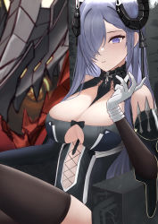 Rule 34 | 1girl, absurdres, august von parseval (azur lane), azur lane, bare shoulders, between breasts, black thighhighs, breasts, cleavage, curled horns, gloves, hair over one eye, highres, horns, large breasts, long hair, mechanical horns, non-humanoid robot, purple eyes, purple hair, rklk, robot dragon, solo, thighhighs, very long hair, white gloves