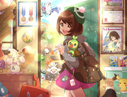 Rule 34 | 1girl, :d, ^ ^, alcremie, alcremie (star sweet), bob cut, brown eyes, brown hair, budew, butterfree, cardigan, charmander, closed eyes, cloud, commentary request, creatures (company), day, door, eevee, english text, eternatus, flame-tipped tail, game freak, gen 1 pokemon, gen 4 pokemon, gen 8 pokemon, gloria (pokemon), gotcha!, green headwear, grey cardigan, grookey, haru (haruxxe), hat, holding strap, hooded cardigan, inteleon, legendary pokemon, lens flare, looking at viewer, looking back, munchlax, nintendo, open mouth, pikachu, pokemon, pokemon (creature), pokemon swsh, rotom, rotom phone, scorbunny, short hair, sky, smile, sobble, starter pokemon trio, substitute (pokemon), tam o&#039; shanter, teeth, tongue, upper teeth only, window, wooloo, zacian, zamazenta