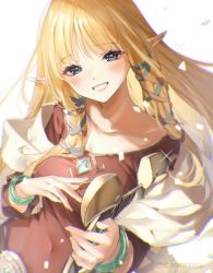 Rule 34 | 1girl, blonde hair, blue eyes, blush, bracelet, breasts, collarbone, commentary, gem, glint, grin, hair ribbon, harp, highres, holding, holding instrument, instrument, jewelry, long hair, looking at viewer, medium breasts, nintendo, pointy ears, princess zelda, red shirt, ribbon, sash, shirt, shuri (84k), sidelocks, simple background, smile, solo, the legend of zelda, the legend of zelda: skyward sword, twitter username, upper body, white background