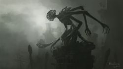 Rule 34 | alien, amygdala (bloodborne), artist name, bloodborne, cloud, cloudy sky, commentary, copyright name, dark, eldritch abomination, extra arms, fog, from side, highres, monster, no humans, ruins, sail, scenery, sky, tail, tripdancer