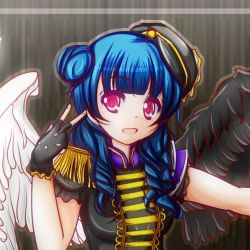Rule 34 | 1girl, alternate hairstyle, artist name, artist request, asymmetrical wings, band uniform, black gloves, black hat, black shirt, black wings, blue hair, blush, braid, breasts, collared shirt, curly hair, epaulettes, female focus, fingerless gloves, frilled sleeves, frills, gloves, hair bun, hair over one eye, hat, in the unstabe world, in the unstabe world (love live!), long hair, looking at viewer, love live!, love live! school idol festival, love live! sunshine!!, mini hat, mismatched wings, parted lips, pink eyes, purple eyes, shirt, short sleeves, shoulder pads, side bun, single hair bun, small breasts, smile, solo, tsushima yoshiko, twin braids, upper body, v, white wings, wings