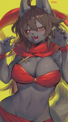 Rule 34 | 1girl, absurdres, animal ear fluff, animal ears, animal nose, bandeau, black nails, breasts, brown hair, claws, cleavage, commission, cross, cross necklace, fangs, furry, furry female, groin, hair between eyes, highres, jewelry, large breasts, long hair, looking at viewer, nail polish, necklace, open mouth, orange eyes, original, red scarf, scarf, skeb commission, snout, solo, strapless, suurin (ksyaro), tail, tube top