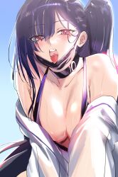 Rule 34 | 1girl, absurdres, azur lane, bare shoulders, bikini, black bikini, black choker, black hair, black mask, breasts, choker, cleavage, collarbone, eyes visible through hair, hair between eyes, hair over one eye, highres, jacket, large breasts, mask, mole, mole under eye, mouth mask, official alternate costume, one side up, open mouth, red eyes, saki (remainaddd), sketch, solo, swimsuit, teeth, tongue, tongue out, upper teeth only, west virginia (azur lane), west virginia (retrofit) (azur lane), west virginia (scenic rhapsody) (azur lane), wet, white jacket