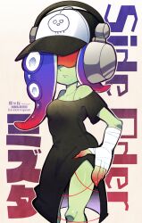 Rule 34 | 1girl, bandaged arm, bandages, bare shoulders, baseball cap, black dress, blue hair, breasts, character name, cleavage, closed mouth, collarbone, colored skin, commentary request, copyright name, dedf1sh, dress, gradient hair, gradient skin, green skin, hair over one eye, hand on own hip, hat, headphones, headphones over headwear, highres, long hair, medium breasts, multicolored hair, multicolored skin, nintendo, octoling, off-shoulder dress, off shoulder, red-tinted eyewear, red hair, red skin, sakuragaoka (skragao), sanitized (splatoon), short sleeves, side slit, solo, splatoon (series), splatoon 3, splatoon 3: side order, standing, suction cups, sunglasses, tentacle hair, tinted eyewear, twitter username, two-tone hair, two-tone skin