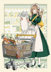 Rule 34 | 1girl, brown hair, cat, commentary request, dress, closed eyes, food, groceries, headdress, high heels, highres, indoors, keishin, original, shopping, shopping cart, solo, supermarket, white legwear
