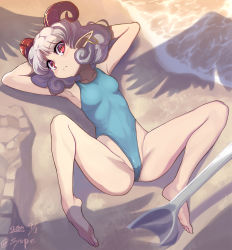 Rule 34 | 1girl, alternate costume, blue one-piece swimsuit, curly hair, earrings, highres, horizontal pupils, horn ornament, horn ribbon, horns, jewelry, one-piece swimsuit, pointy ears, rectangular pupils, red eyes, red horns, ribbon, sheep horns, solo, spread legs, swimsuit, syope, touhou, toutetsu yuuma, white hair