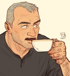 Rule 34 | 1boy, aaron gruber (o natsuo88), bara, beard stubble, black shirt, cup, drinking, facial hair, facial scar, grey hair, highres, holding, holding cup, looking to the side, male focus, mature male, mustache, o natsuo88, old, old man, original, receding hairline, scar, scar on cheek, scar on face, shirt, short hair, stubble, tea, thick eyebrows, thick mustache, upper body, wrinkled skin, yellow background
