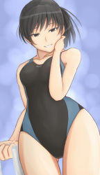 Rule 34 | 1girl, akito (akitotika), akitotika, amagami, black eyes, black hair, breasts, competition swimsuit, grin, hip focus, looking down, one-piece swimsuit, ponytail, smile, solo, swimsuit, towel, tsukahara hibiki, wide hips