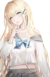 Rule 34 | 1girl, black skirt, blonde hair, blue eyes, bow, finger to mouth, hair bow, highres, lielac, long hair, looking at viewer, applying manicure, open mouth, original, school uniform, shirt, skirt, smile, solo, uniform, white background, white shirt