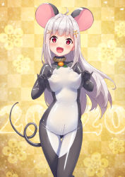 Rule 34 | 1girl, 2020, ahoge, animal ears, blunt bangs, blush, bodysuit, breasts, extra ears, fake animal ears, hair ornament, highres, latex, latex bodysuit, long hair, medium breasts, mouse ears, mouse tail, open mouth, original, purinpu, red eyes, shiny clothes, silver hair, skin tight, solo, tail, x hair ornament, zipper, zipper pull tab