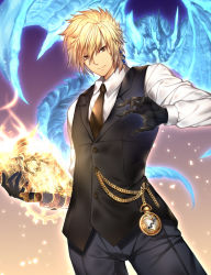 Rule 34 | 1boy, bad id, bad pixiv id, bahamut (final fantasy), black gloves, black neckwear, blonde hair, book, brown eyes, closed mouth, dragon, earrings, eyes visible through hair, facial mark, final fantasy, final fantasy xiv, formal, gears, gloves, glowing, highres, holding, holding book, jewelry, male focus, nasaniliu, necktie, open book, pocket watch, single earring, smile, spirit, suit, tattoo, watch
