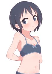 Rule 34 | 1girl, :o, adjusting bra, adjusting clothes, black bra, black hair, blue bow, blue eyes, blush, bow, bow bra, bra, commentary request, flat chest, hatafuta, kurosaki honoka, looking at viewer, navel, open mouth, short hair, simple background, solo, stomach, underwear, upper body, white background, yama no susume