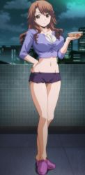 Rule 34 | 10s, 1girl, absurdres, breasts, brown hair, highres, large breasts, legs, long hair, misumi kei, navel, okusama ga seito kaichou!, shoes, shorts, solo, standing, stitched, third-party edit
