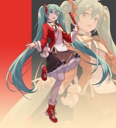 Rule 34 | 1girl, aqua eyes, aqua hair, bingdu 3927, black bow, black bowtie, black skirt, bow, bowtie, chinese clothes, commentary, food, frilled sleeves, frills, full body, hair between eyes, hair bow, hair ribbon, hatsune miku, highres, holding, holding food, leg up, long hair, looking at viewer, looking to the side, nervous, open mouth, pantyhose, pleated skirt, rabbit, red background, red bow, red footwear, red nails, red ribbon, red shirt, ribbon, shirt, shoes, skirt, smile, solo, standing, standing on one leg, stuffed animal, stuffed toy, sweatdrop, tassel, twintails, very long hair, vocaloid, white pantyhose, white shirt, wide sleeves, yellow bow, yellow bowtie, yellow ribbon, zoom layer