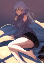 Rule 34 | 1girl, bare legs, barefoot, black skirt, blush, brown eyes, closed mouth, clothing cutout, commentary request, feet out of frame, hair flaps, hand up, long hair, long sleeves, looking at viewer, original, peroncho, pleated skirt, purple hair, purple sweater, shoulder cutout, skirt, sleeves past wrists, soles, solo, sunlight, sweater