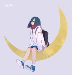 Rule 34 | 1girl, arm support, backpack, bag, blue hair, closed mouth, copyright request, crescent moon, expressionless, full body, gradient hair, grey background, hair over one eye, hood, hoodie, looking afar, looking to the side, medium hair, moon, multicolored hair, original, shoes, signature, simple background, sitting, sleeves past wrists, sneakers, socks, solo, sweater, uzyuzu37, white sweater