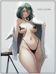 Rule 34 | 1girl, absurdres, aelion draws, areola slip, artist name, black panties, blush, breasts, coat, commentary, english commentary, fubuki (one-punch man), fur coat, green eyes, green hair, grey background, groin, highleg, highleg panties, highres, large breasts, looking at viewer, navel, one-punch man, open clothes, open coat, panties, parted lips, pasties, patreon username, short hair, simple background, single bare shoulder, solo, thick thighs, thighs, underwear, wide hips