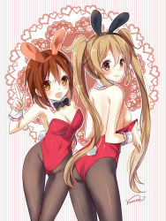 Rule 34 | 10s, 2girls, :d, alternate costume, animal ears, ass, bad id, bad pixiv id, brown eyes, brown hair, rabbit ears, fake animal ears, kantai collection, kemonomimi mode, long hair, looking at viewer, multiple girls, murasame (kancolle), nunucco, open mouth, pantyhose, playboy bunny, shiratsuyu (kancolle), short hair, smile, twintails