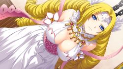 Rule 34 | 1girl, angry, arms behind back, bare shoulders, benimura karu, blonde hair, blue eyes, bound, breasts, bunny black, bunny black 3, chain, chained, chain, cleavage, closed mouth, detached collar, dress, drill hair, feathers, female focus, game cg, indoors, jewelry, large breasts, leaning forward, long hair, looking at viewer, solo, standing, tiara, tied up, very long hair