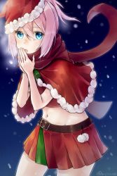 Rule 34 | 1girl, belt, belt buckle, blue eyes, blush, brown belt, buckle, capelet, christmas, cowboy shot, hair between eyes, hat, highres, kantai collection, navel, nose blush, open mouth, pink hair, pleated skirt, pom pom (clothes), ponytail, red capelet, red scarf, red skirt, santa costume, santa hat, scarf, shiranui (kancolle), short hair, skirt, snowing, solo, twitter username, u yuz xx