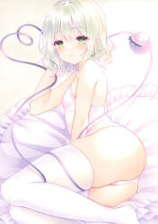 Rule 34 | 1girl, ass, bare shoulders, blush, breasts, feet out of frame, frills, green eyes, grey hair, hairband, hand up, heart, heart of string, highres, komeiji koishi, light smile, looking at viewer, lying, on side, pillow, sample watermark, simple background, small breasts, solo, thighhighs, thighs, third eye, touhou, watermark, white background, white thighhighs, y na1211