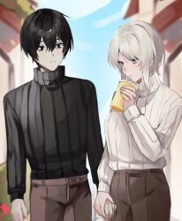 Rule 34 | 1boy, 1girl, black eyes, black hair, black sweater, blue eyes, brown pants, closed mouth, cowboy shot, cup, disposable cup, faust (project moon), highres, holding, holding cup, holding hands, limbus company, long sleeves, matching outfits, msx (mis4xi), outdoors, pants, project moon, ribbed sweater, short hair, standing, sweater, turtleneck, turtleneck sweater, white hair, white sweater, yi sang (project moon)
