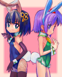 Rule 34 | 2girls, 98-tan, 98se-tan, animal ears, ascot, back-to-back, blue ascot, blue eyes, blue hair, blue hairband, blue leotard, breasts, dark blue hair, detached collar, elbow gloves, fake animal ears, fishnet pantyhose, fishnets, frown, gloves, green leotard, hair bobbles, hair ornament, hairband, hand up, hands up, highres, legs together, leotard, light purple hair, microsoft windows, multiple girls, number hair ornament, one side up, open mouth, os-tan, pantyhose, pink pupils, playboy bunny, purple eyes, purple gloves, purple pupils, purple thighhighs, rabbit ears, rabbit tail, short hair, small breasts, split mouth, standing, strapless, strapless leotard, tail, thighhighs, thighs, tsukiyono aroe, white hairband, white wrist cuffs, wrist cuffs, yellow ascot